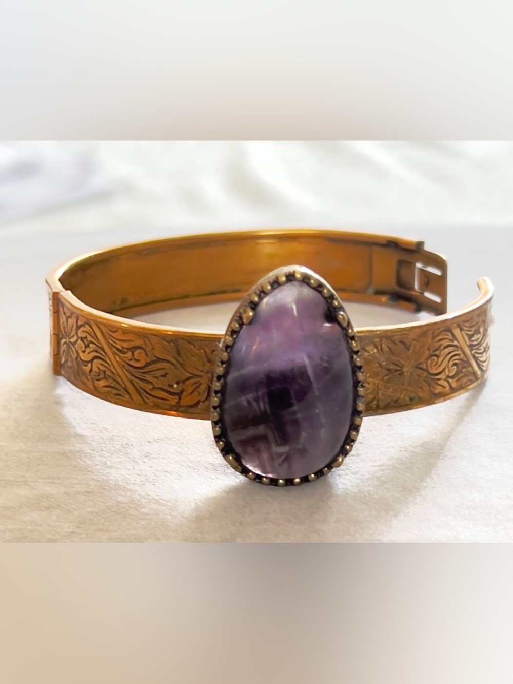 Vintage Chevron Amethyst Hinged Bangle Etched Floral Gold Tone